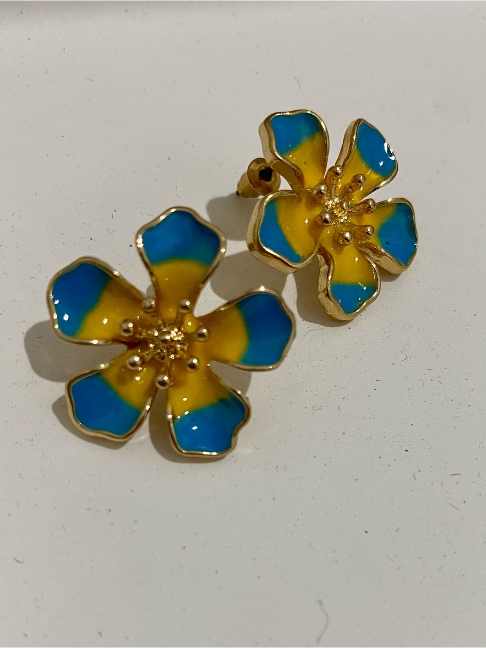 Gold-Tone Floral Enamel Stud Earrings - Yellow & Blue